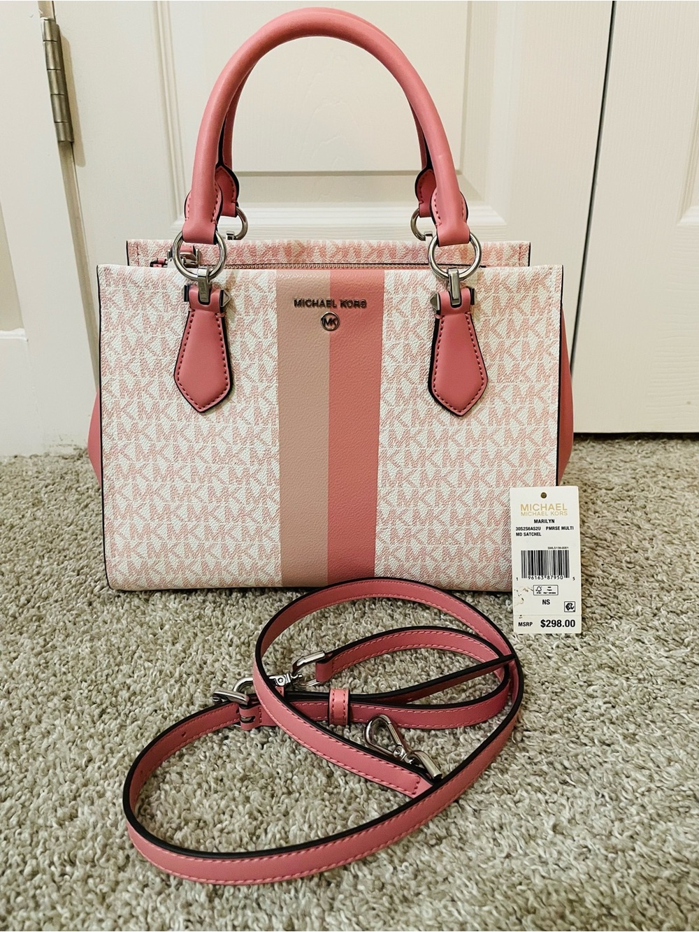 Michael Kors Marilyn Pink Signature Stripe Satchel Medium Saffiano Leather